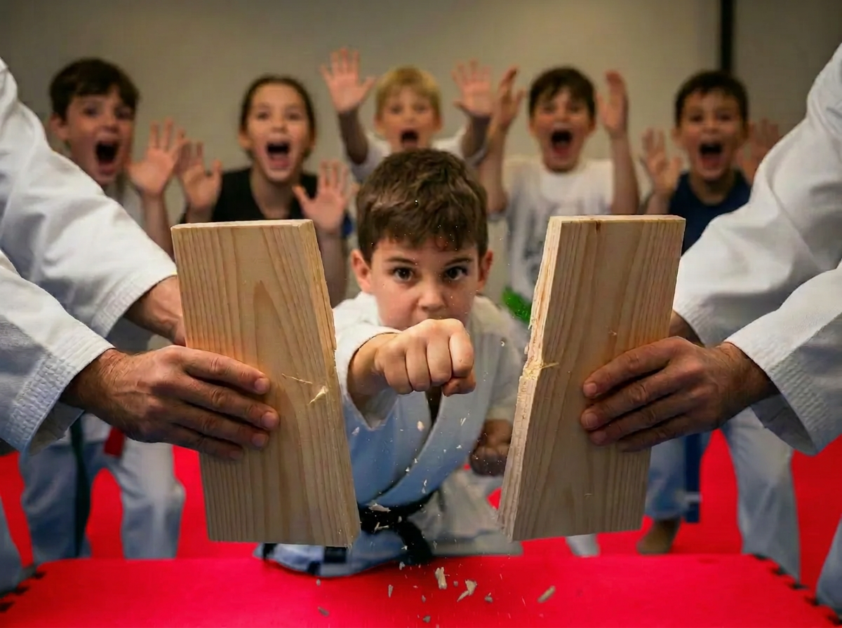 Young birthday star breaking a board with instructor support