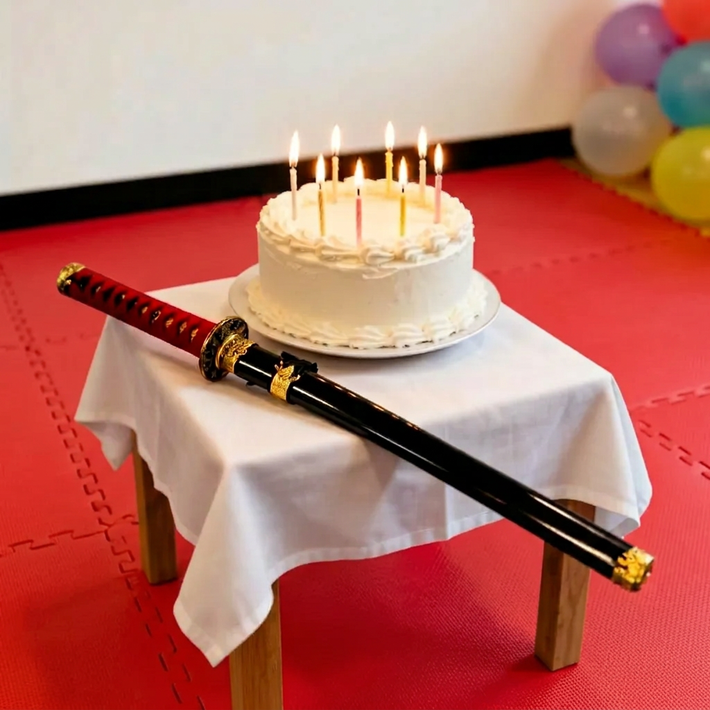 Birthday cake with candles on a table beside a samurai sword, ready for the ceremony